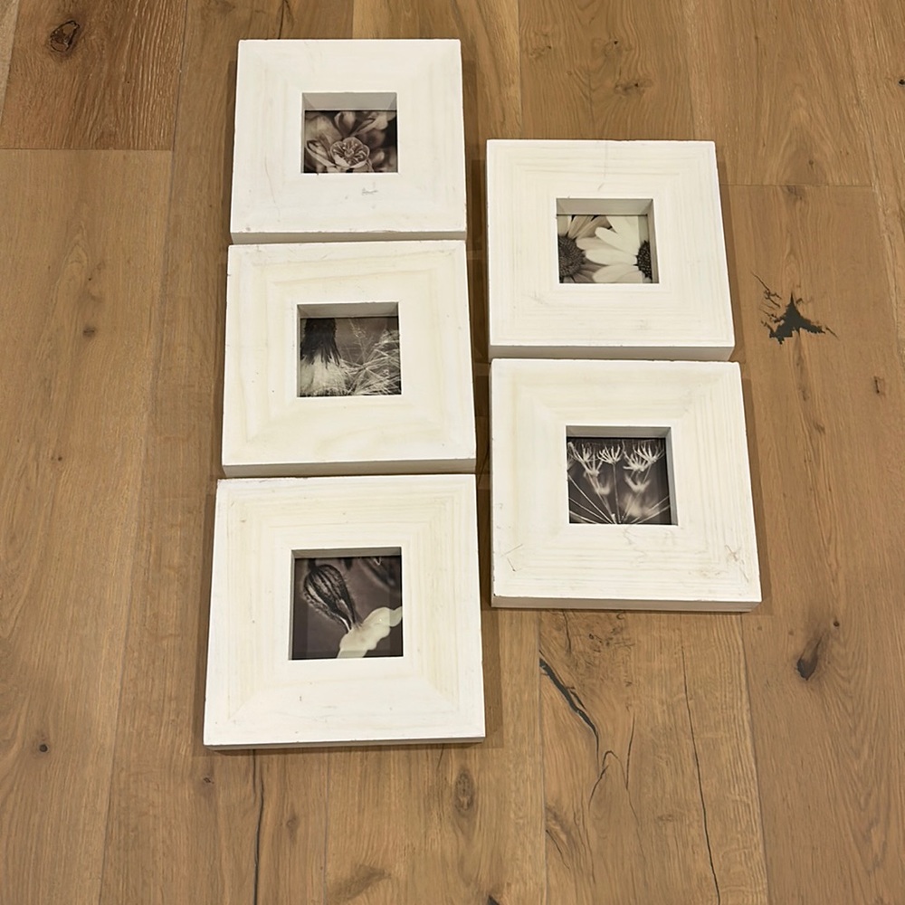 5 perfect square  wood frames 10”X 10” 1”1/2 thick  fits 4”x4” picture off white